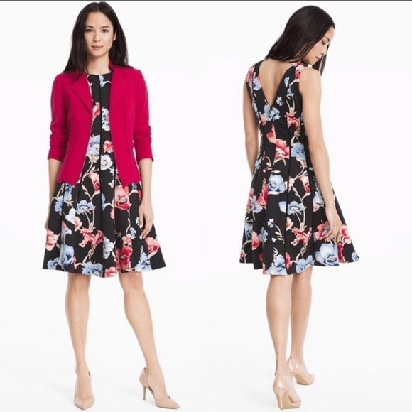 - NWT WHBM Black Pink Floral Print Scuba Fit N Flare Dress - Picture 1 of 13